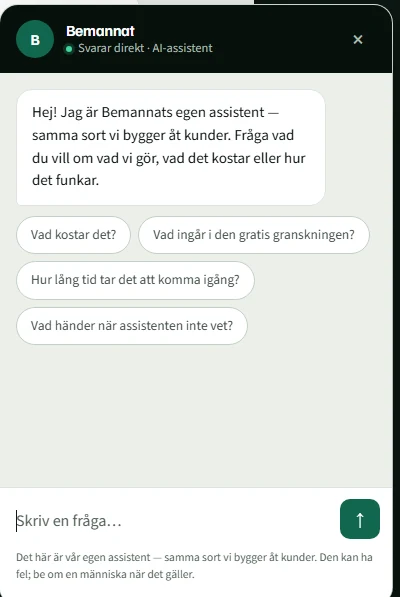 Assistenten öppen på bemannat.se med förslag på frågor att ställa